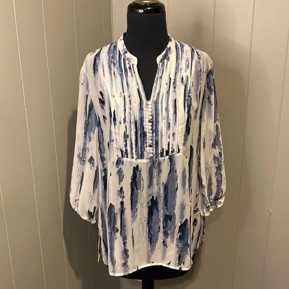 Chico’s 0 Blouse V Neck Button Down Pleated Sheer elastic cuffs side slits - Picture 1 of 6